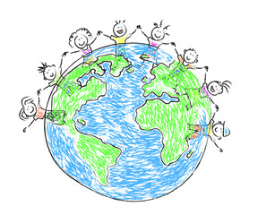 Children and planet Earth on a white background. Vector illustration.