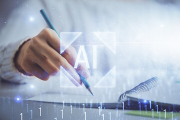 Double exposure of woman's hands on background with technology and digital coding icons. Data development concept. Close up.