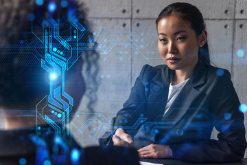 Two woman handshake. Techbology concept hologram. Multiexposure. International business.