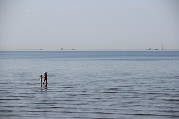 Fototapeta premium People walking standing and bathing at the beach