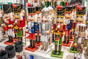 Colorful nutcracker figures at a traditional Christmas market for holiday decoration