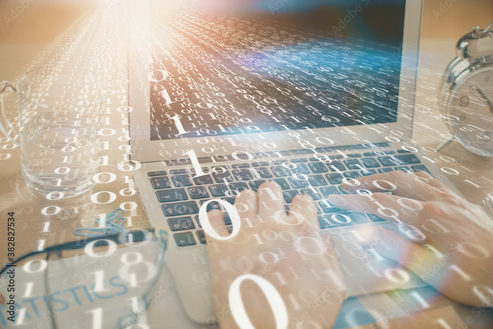 Poster Businessman with computer background with technology theme hologram. Concept of big data. Double exposure.