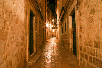 Fototapeta na wymiar Narrow alley illuminated by street lamps at night in the old town of Dubrovnik, Croatia