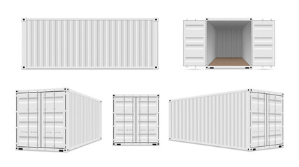 Shipping cargo containers with open, closed doors realistic set. Large intermodal steel freight boxes. - obrazy, fototapety, plakaty