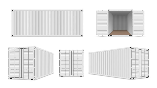 Shipping cargo containers with open, closed doors realistic set. Large intermodal steel freight boxes.