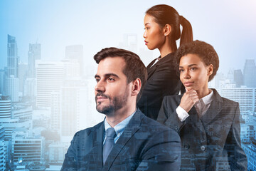 Group of three business partners in suits dreaming and looking for new opportunities to succeed. Concept of multinational corporate team. Bangkok on background. Double exposure.