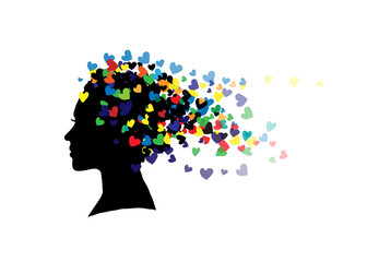 Silhouette of face of girl with hair made of colourful hearts. Illustration isolated on white background. 