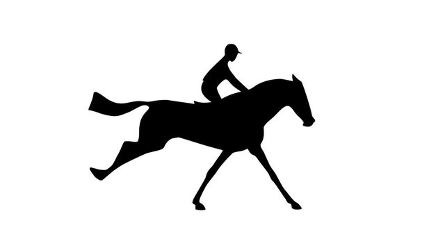 Silhouette of a jockey on galloping race horse, animation on the white background