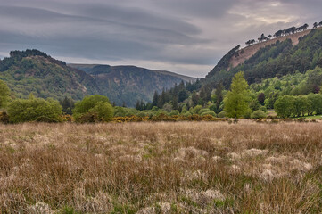 Panoramic landscape at Wicklow mountains nationalpark, Ireland. Mountain lake at wicklow mountains nationalpark.