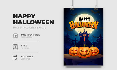 Horror happy Halloween greeting with pumpkins poster design