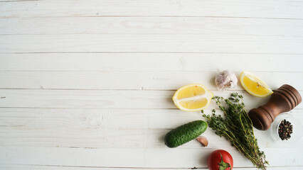 Vegetables and spices on kitchen table. Cooking classes concept