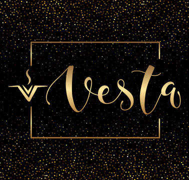 Vesta - astrological symbol and hand drawn calligraphy - Vector illustration with text and gold sparks