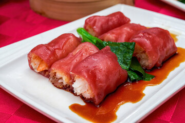 A Cantonese morning tea dim sum, Shrimp Crispy Red Rice Intestines