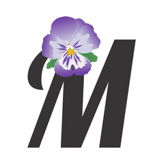 The letter M with a single purple pansy flower. Bud and leaves isolated on white. Floral alphabet. Vector illustration, flat style and gradients. For greeting cards, text decoration, design element.