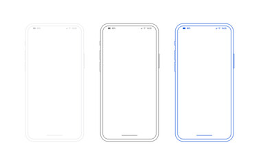 Smartphone outline mockup, different colors set. Generic mobile phone in front view and empty screen for ur app design or web site presentation. Black, white and blue template in line style.