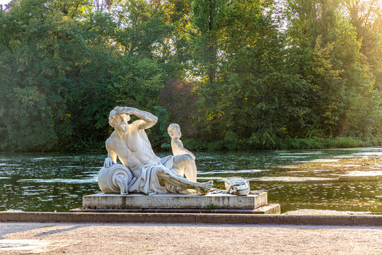 famous river god Rhenus in  beautiful Schwetzingen Park, Royal Castle and Gardens, nearby Heidelberg city, Germany