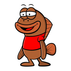 Funny Fish Cartoon Character wearing red t-shirt and standing, best for Aquatic Pet store mascot