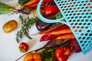 Flat lay Eco-friendly shopping bag with assortment of fresh vegetables