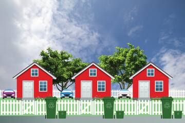 Row of detached residential homes on a suburb street with green recycling wheelie bins out ready for collection set against a blue cloudy sky
