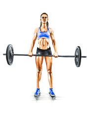 Fototapeta na wymiar Illustration of Female athlete doing exercise with weights in gym