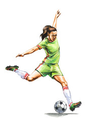 Illustration of Female soccer player kicking ball toward. Female Football player in action © Arteria|lab