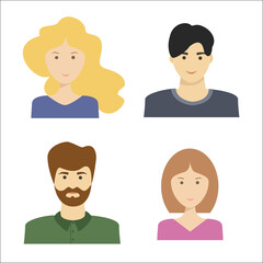 Portraits of people. Male and female torsos. Set of flat vector illustrations.