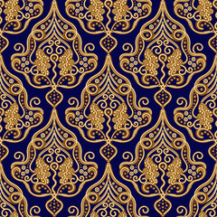 Paisley Indian seamless pattern. Damask background with a blue and yellow gold color