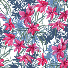 Summer and spring red flowers on a white background. Watercolor drawing, seamless pattern. For illustration, design, decor, background, textiles, fashion, Wallpaper, scrapbooking. Handmade work
