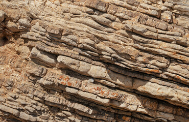 Closeup photo of pancake sedimentary rock formations on the coast.  Water pressure caused dead marine creatures and plants landed on the seabed about 2 km below the surface.to solidify into layers.