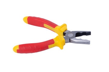 Pliers red and yellow color on white background. Pliers isolated on white