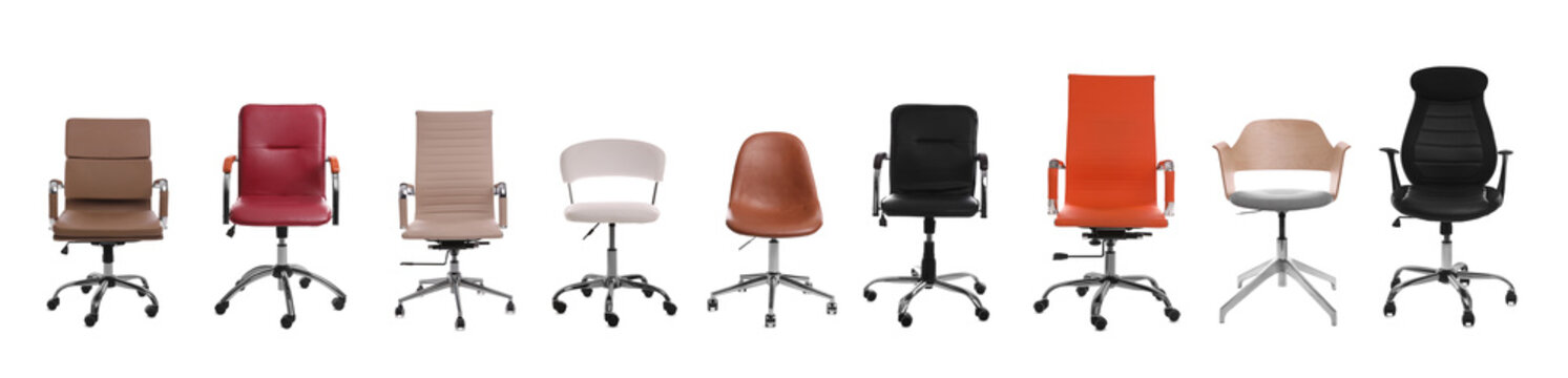 Set of different office chairs on white background. Banner design