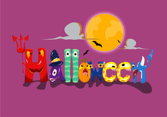 Halloween cartoon ghost book vector, halloween greeting card illustration or cute cartoon background with moon and bats, on purple background