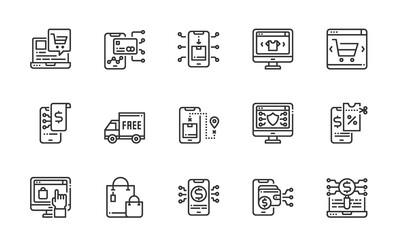 Simple Set of Online Shopping icons line Vector  Illustration, Coupon, Searching, Payment, Smartphone