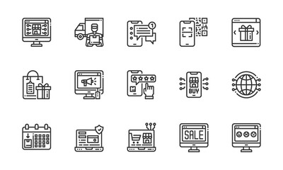 Shopping icons line Vector  Illustration, Coupon, Searching, Payment, Smartphone