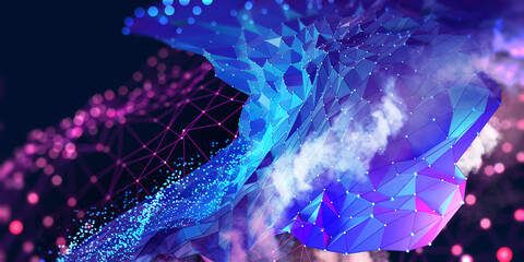 Abstract neural network 3D illustration. Big data concept. Global database and artificial intelligence. Bright, colorful background with bokeh effect