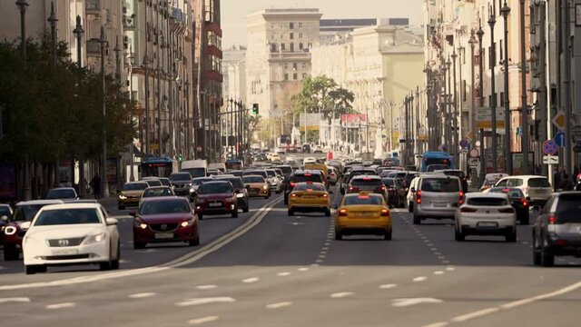 heavy traffic in the Moscow on Tverskaya Street