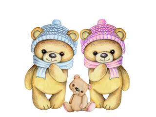 Cute cartoon teddy bears. Watercolor hand drawn art, isolated on white background.