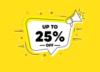 Up to 25% off Sale. Megaphone yellow vector banner. Discount offer price sign. Special offer symbol. Save 25 percentages. Thought speech bubble with quotes. Vector