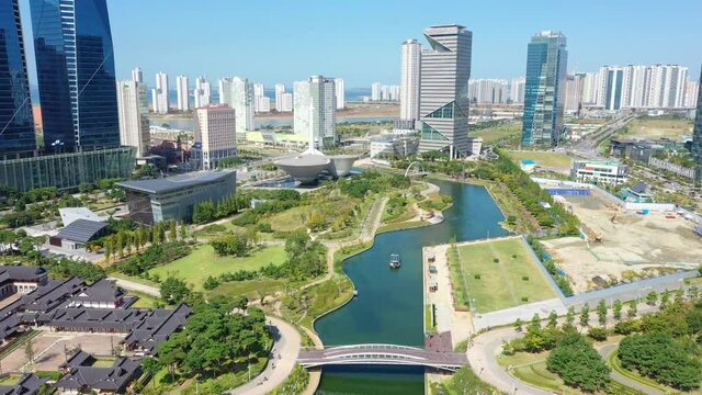 Aerial view Drone video of Songdo Central Park, Incheon City, South Korea