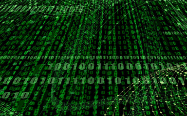 Vector Bright Green Binary Code Background Template, Perspective Illustration, One and Zero Numbers and Connected Dots.