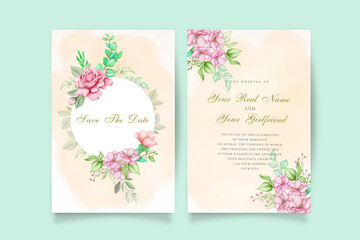 Fototapeta na wymiar Elegant watercolor wedding invitation card with flower and leaves