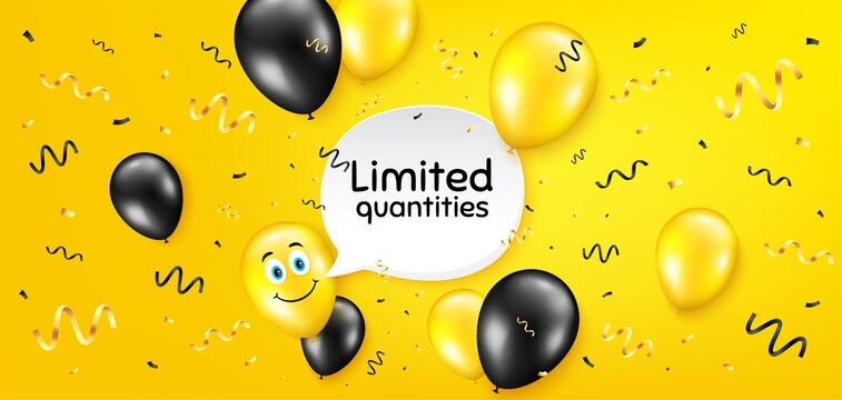 Limited quantities symbol. Balloon confetti vector background. Special offer sign. Sale. Birthday balloon background. Limited quantities message. Celebrate yellow banner. Vector