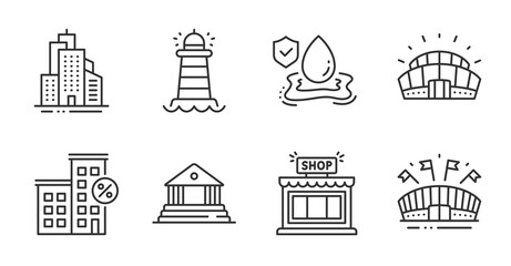 Fototapeta premium Flood insurance, Sports stadium and Skyscraper buildings line icons set. Sports arena, Court building and Shop signs. Lighthouse, Loan house symbols. Quality line icons. Flood insurance badge. Vector