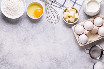 Ingredients for baking - flour, milk, salt, sugar, eggs.