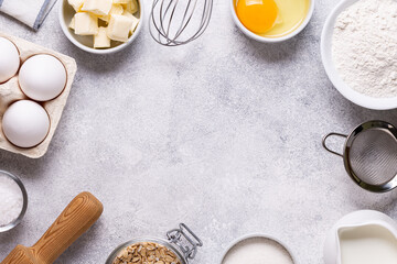 Ingredients for baking - flour, milk, salt, sugar, eggs.
