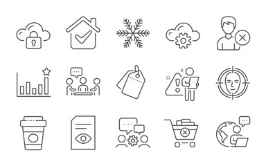 People chatting, Snowflake and Sale tags line icons set. Face detect, Cloud protection and Engineering team signs. Takeaway coffee, Efficacy and Remove purchase symbols. Line icons set. Vector