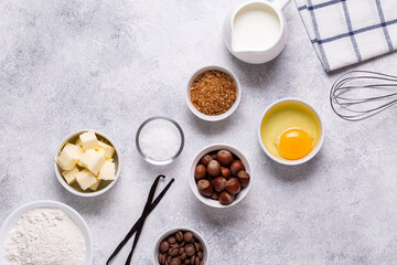 Ingredients for baking - flour, milk, salt, sugar, eggs.