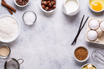 Obraz na płótnie Canvas Ingredients for baking - flour, milk, salt, sugar, eggs.