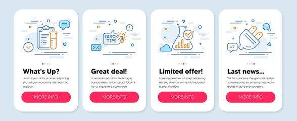 Set of Science icons, such as Education idea, Medical analyzes, Chemistry lab symbols. Mobile screen app banners. Electric plug line icons. Quick tips, Medicine results, Laboratory flask. Vector