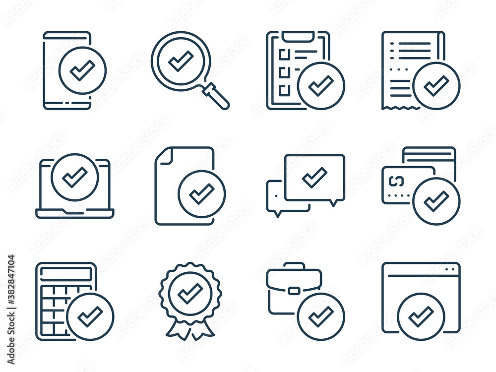 Poster check mark and tick related vector line icons. quality and approve outline icon set.